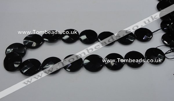 CAB320 15.5 inches 25mm faceted coin black agate gemstone beads