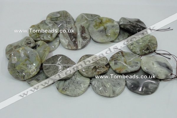 CAB572 15.5 inches 40mm wavy coin silver needle agate gemstone beads