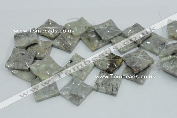 CAB584 15.5 inches 30*30mm wavy diamond silver needle agate beads