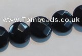 CAB810 15.5 inches 14mm faceted coin black gemstone agate beads