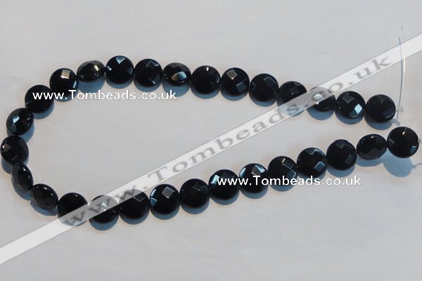 CAB810 15.5 inches 14mm faceted coin black gemstone agate beads