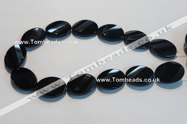 CAB816 15.5 inches 22*30mm faceted & twisted oval black agate beads