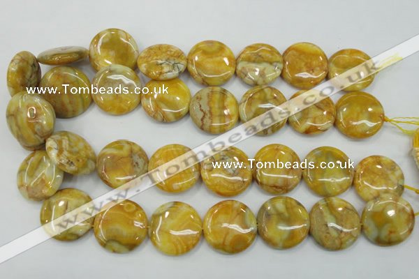 CAB945 15.5 inches 25mm flat round yellow crazy lace agate beads