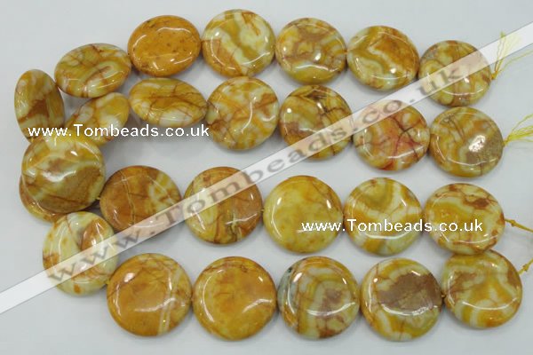 CAB946 15.5 inches 30mm flat round yellow crazy lace agate beads