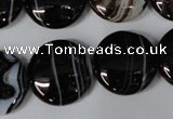 CAG2996 15.5 inches 20mm flat round black line agate beads