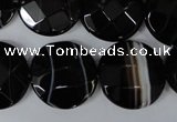 CAG3076 15.5 inches 20mm faceted coin black line agate beads