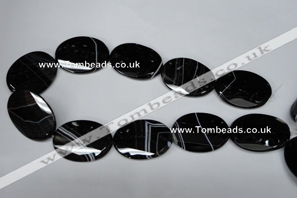 CAG3088 15.5 inches 30*40mm faceted oval black line agate beads