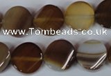 CAG3151 15.5 inches 14mm twisted coin brown line agate beads