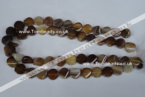 CAG3151 15.5 inches 14mm twisted coin brown line agate beads