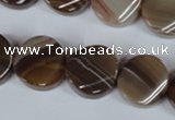 CAG3152 15.5 inches 16mm twisted coin brown line agate beads