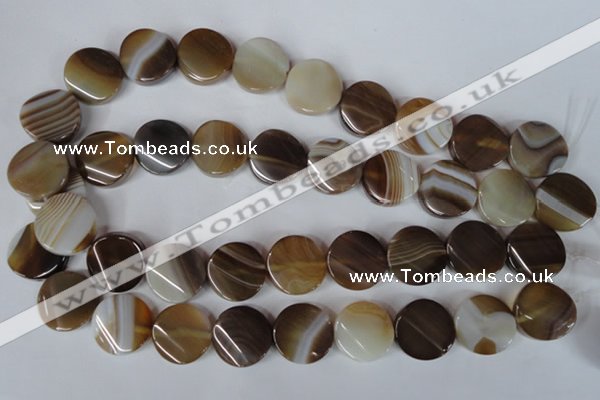 CAG3154 15.5 inches 20mm twisted coin brown line agate beads