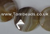 CAG3168 15.5 inches 25mm faceted coin brown line agate beads