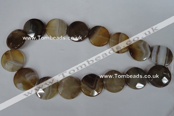 CAG3168 15.5 inches 25mm faceted coin brown line agate beads