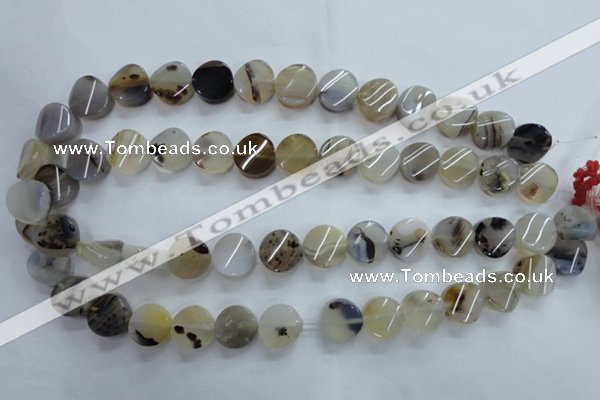 CAG3314 15.5 inches 14mm twisted coin natural grey agate beads