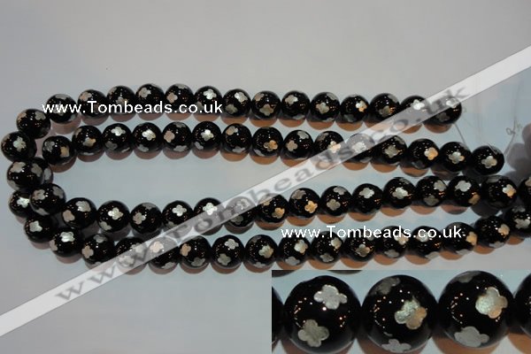 CAG3354 15.5 inches 12mm carved round black agate beads wholesale