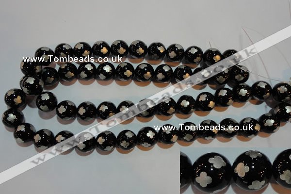 CAG3355 15.5 inches 14mm carved round black agate beads wholesale