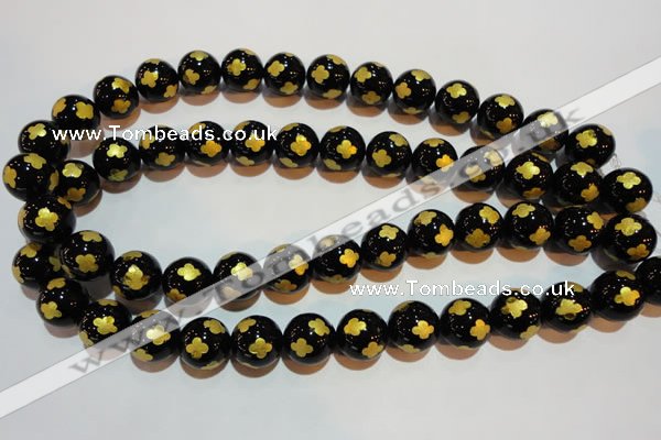 CAG3365 15.5 inches 14mm carved round black agate beads wholesale