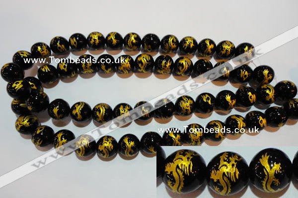 CAG3382 15.5 inches 14mm carved round black agate beads wholesale