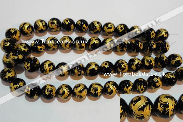 CAG3383 15.5 inches 16mm carved round black agate beads wholesale