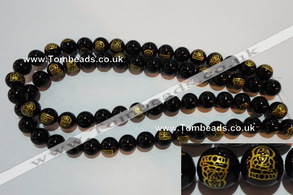 CAG3386 15.5 inches 12mm carved round black agate beads wholesale