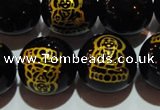 CAG3387 15.5 inches 14mm carved round black agate beads wholesale