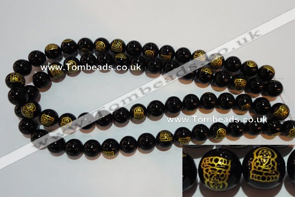 CAG3387 15.5 inches 14mm carved round black agate beads wholesale