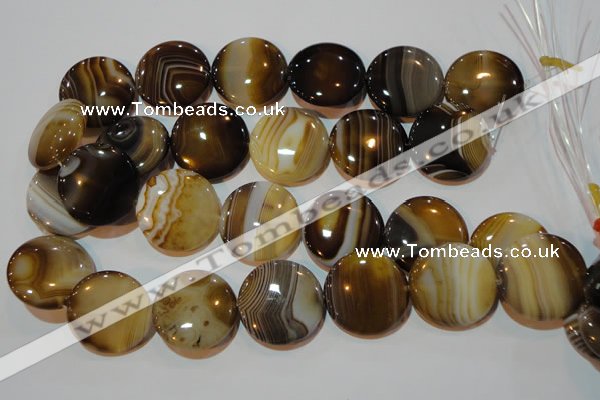 CAG3507 15.5 inches 30mm flat round brown line agate beads