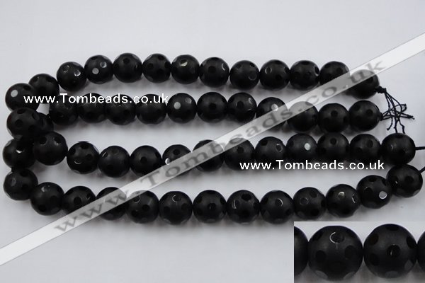 CAG3675 15.5 inches 16mm carved round matte black agate beads