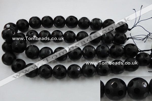 CAG3677 15.5 inches 20mm carved round matte black agate beads