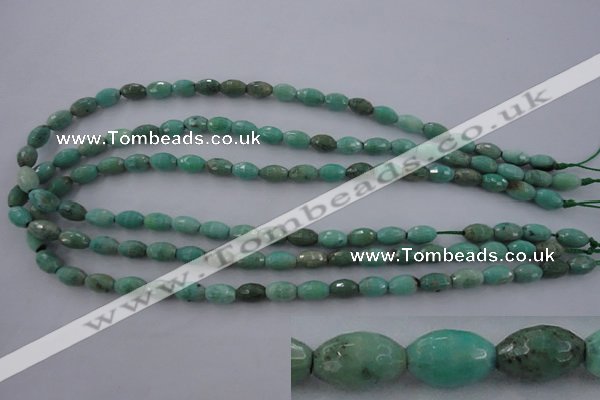 CAG3918 15.5 inches 6*10mm faceted rice green grass agate beads