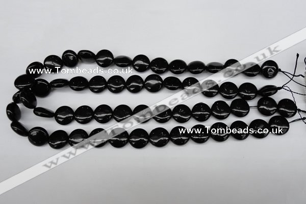 CAG4012 15.5 inches 14mm flat round black agate beads