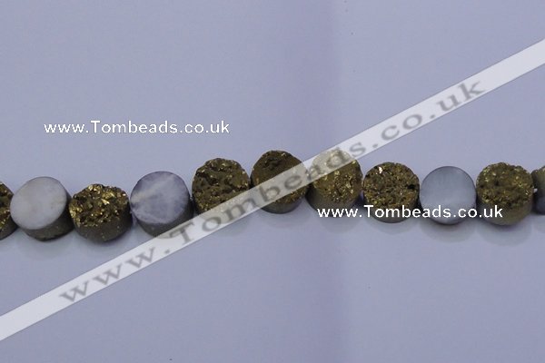 CAG7932 7.5 inches 14mm flat round plated white druzy agate beads