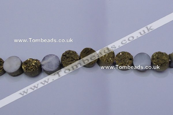 CAG7932 7.5 inches 14mm flat round plated white druzy agate beads