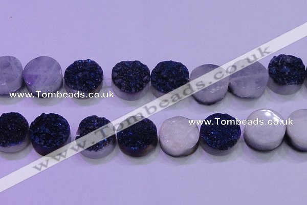 CAG8406 7.5 inches 30mm coin blue plated druzy agate beads