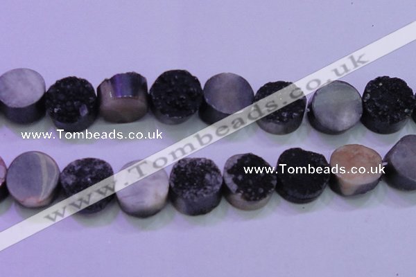 CAG8407 7.5 inches 30mm coin black plated druzy agate beads