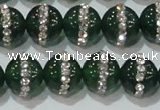 CAG8622 15.5 inches 12mm round green agate with rhinestone beads