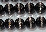 CAG8631 15.5 inches 10mm round black agate with rhinestone beads