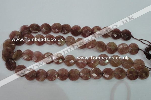 CBQ243 15.5 inches 14mm faceted coin strawberry quartz beads
