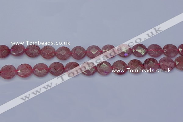 CBQ460 15.5 inches 12mm faceted coin strawberry quartz beads