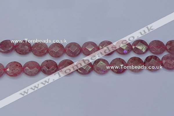 CBQ461 15.5 inches 14mm faceted coin strawberry quartz beads