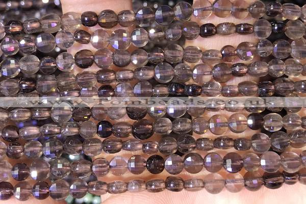 CCB1056 15 inches 4mm faceted coin smoky quartz beads