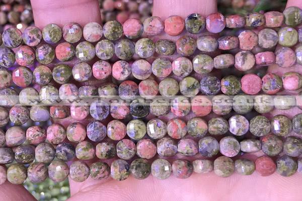 CCB1059 15 inches 4mm faceted coin unakite beads