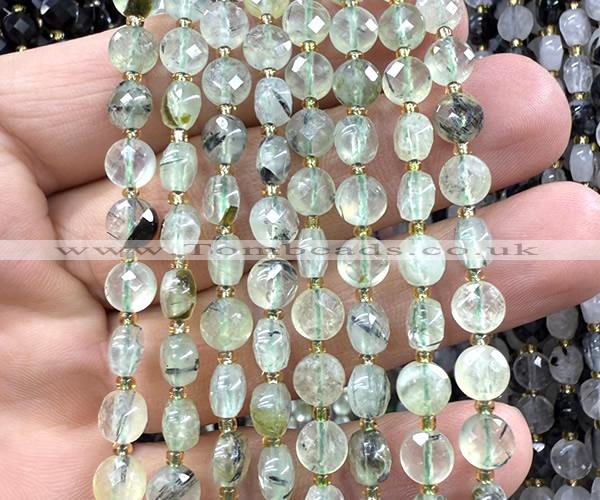CCB1708 15 inches 6mm faceted coin green rutilated quartz beads