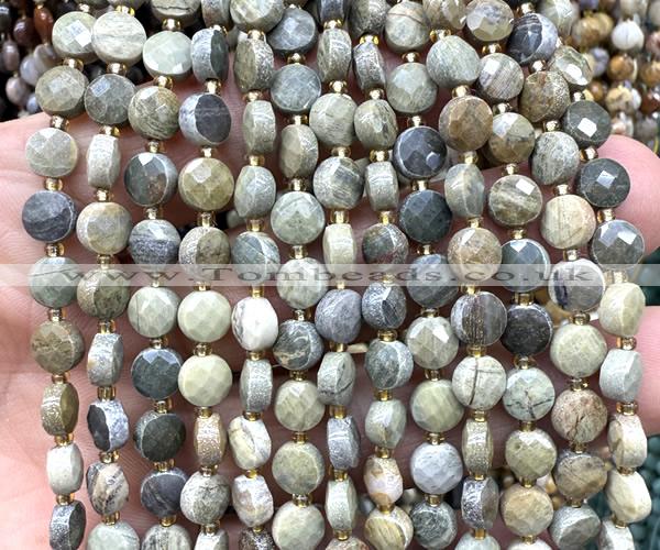 CCB1791 15 inches 6mm faceted coin silver leaf jasper beads