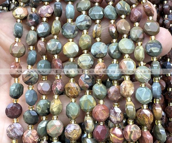 CCB1985 15 inches 8mm faceted coin picasso jasper beads