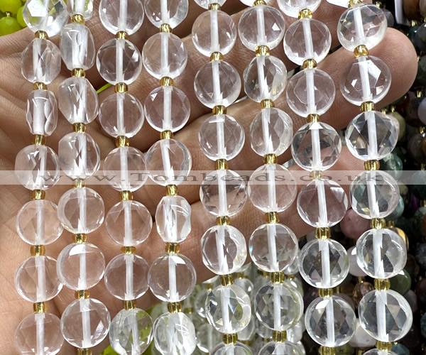 CCB2080 15 inches 10mm faceted coin white crystal beads