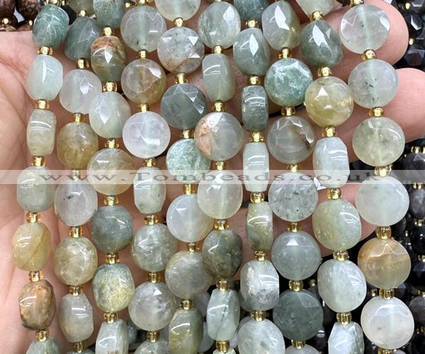 CCB2097 15 inches 10mm faceted coin green rutilated quartz beads