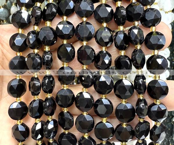 CCB2195 15 inches 10mm faceted coin black obsidian beads