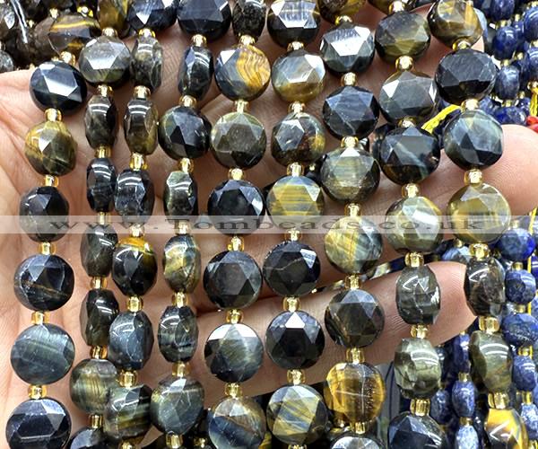 CCB2199 15 inches 10mm faceted coin yellow & blue tiger eye beads