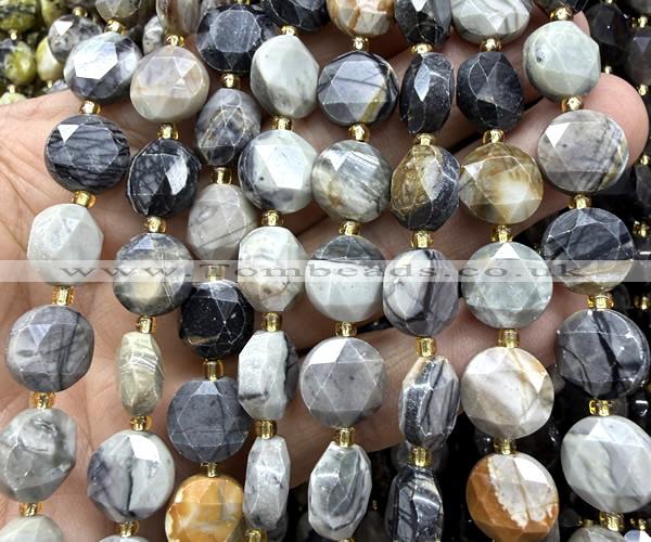 CCB2340 15 inches 12mm faceted coin black picasso jasper beads